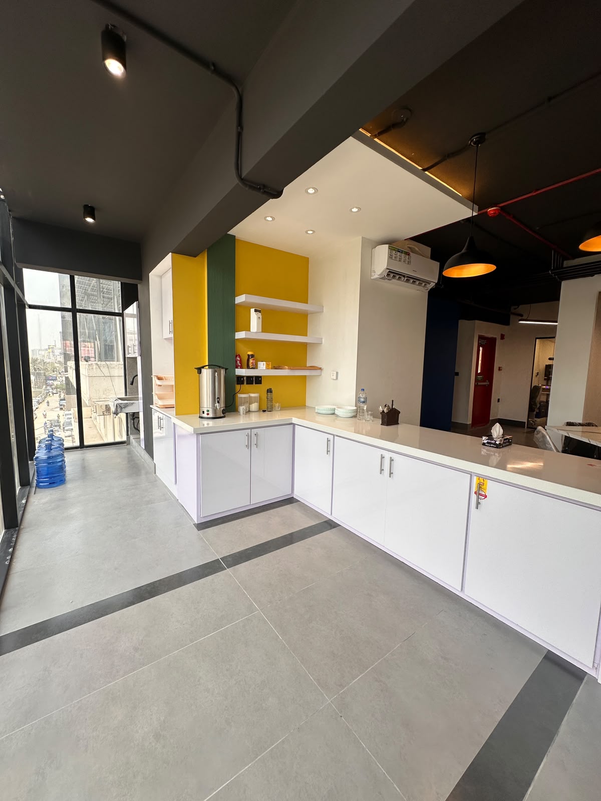 Shared pantry and tea station at WorkMore, The Pavilion coworking space